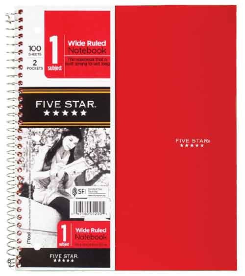 Mead Five Star 1 Subject Spiral Notebook - Wide Ruled
