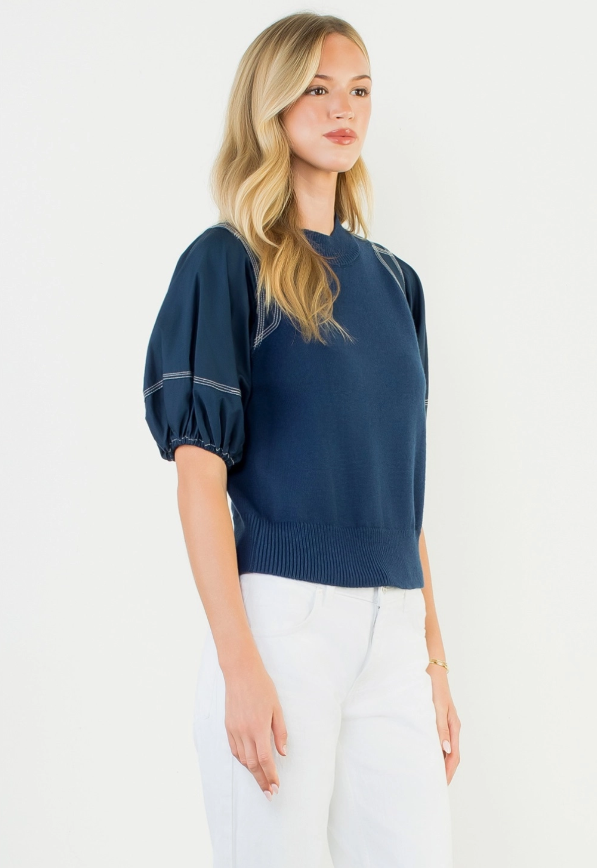 Poplin Puff Sleeve Knit Top by THML