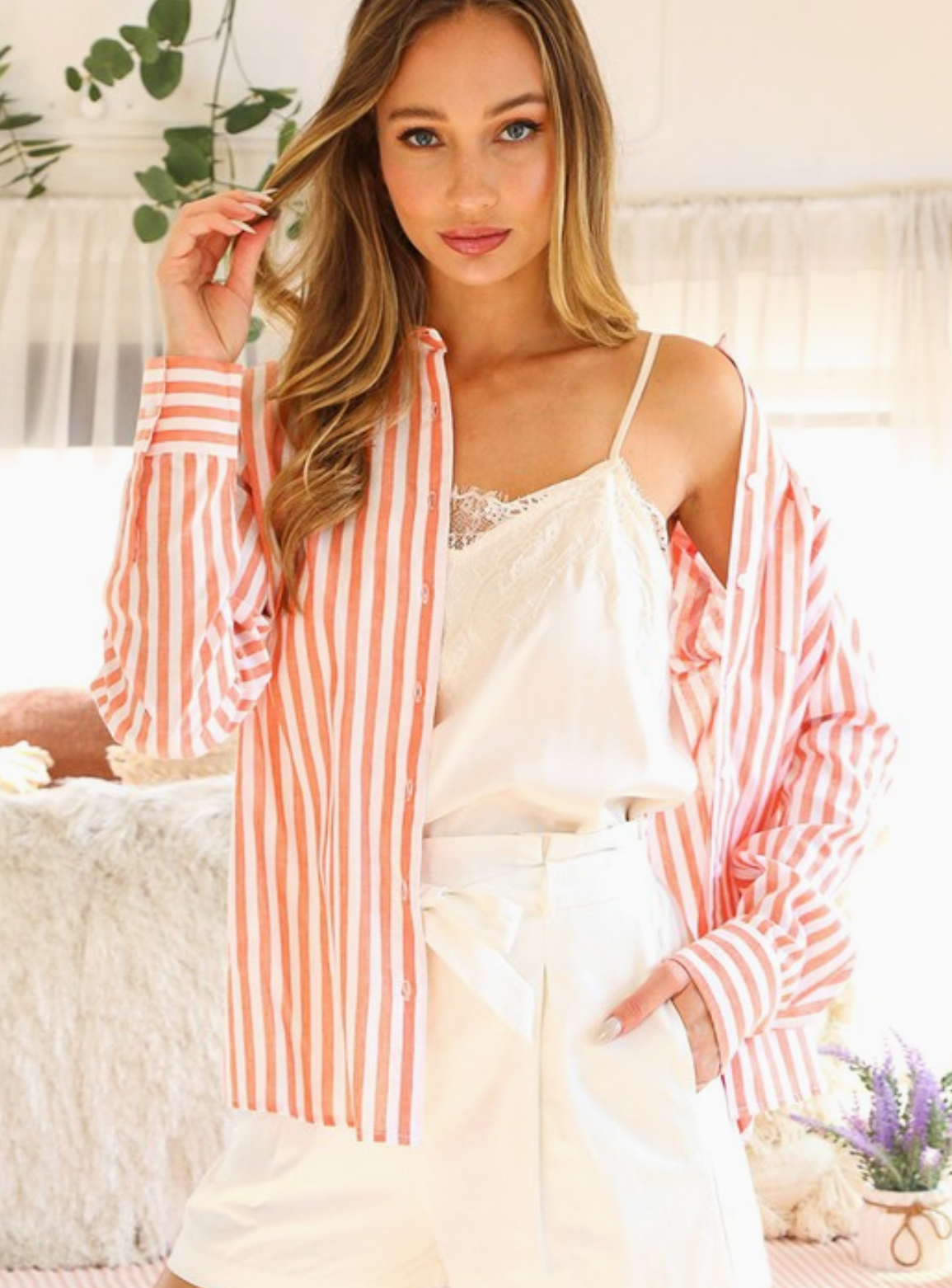 Ladies Striped Button Down Shirt