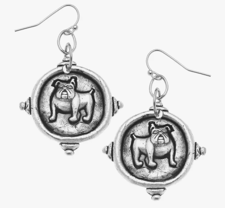 Bulldog Dangle Earrings by Susan Shaw (Gold or Silver)