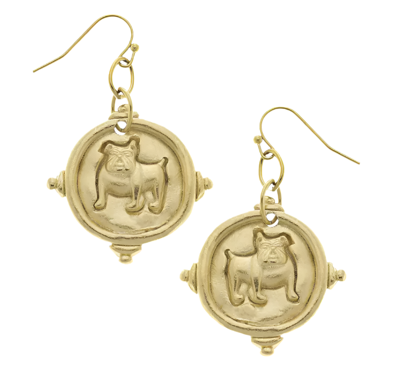 Bulldog Dangle Earrings by Susan Shaw (Gold or Silver)