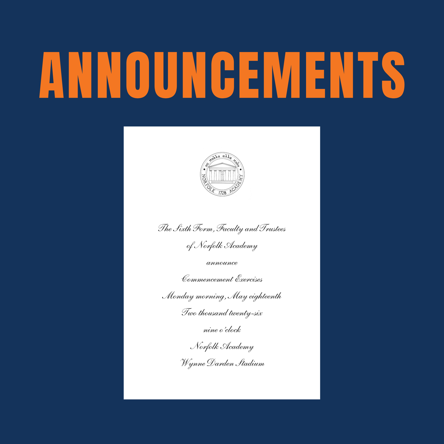 Norfolk Academy Graduation Announcement - Class of 2026