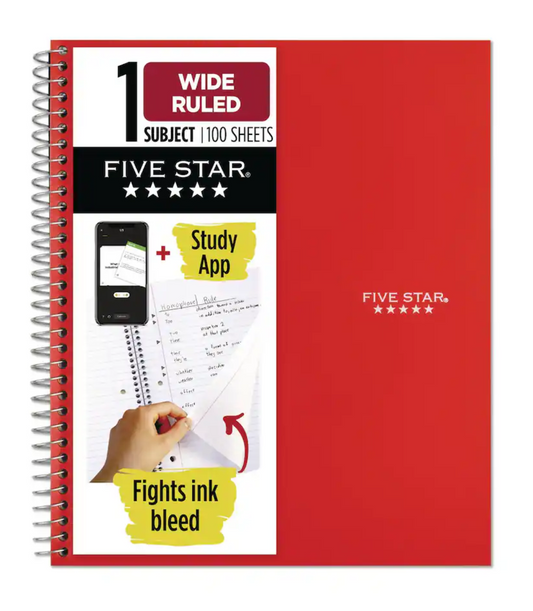 Mead Five Star Spiral 1 Subject Notebook - Wide Ruled