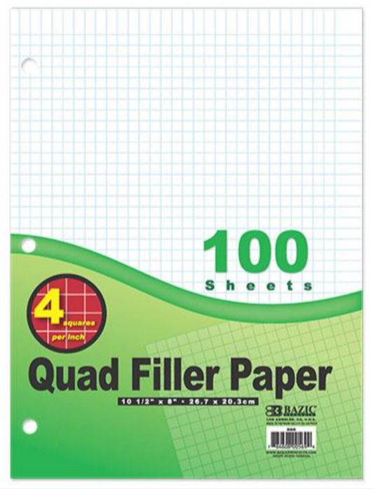 Quad Ruled 4-1" Filler Paper, 100PK