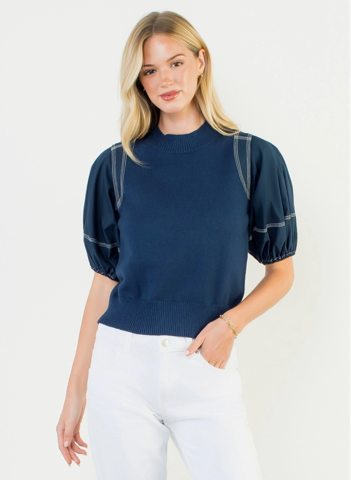 Poplin Puff Sleeve Knit Top by THML