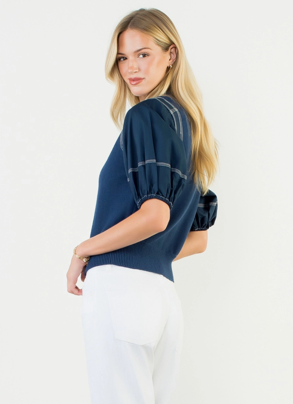 Poplin Puff Sleeve Knit Top by THML