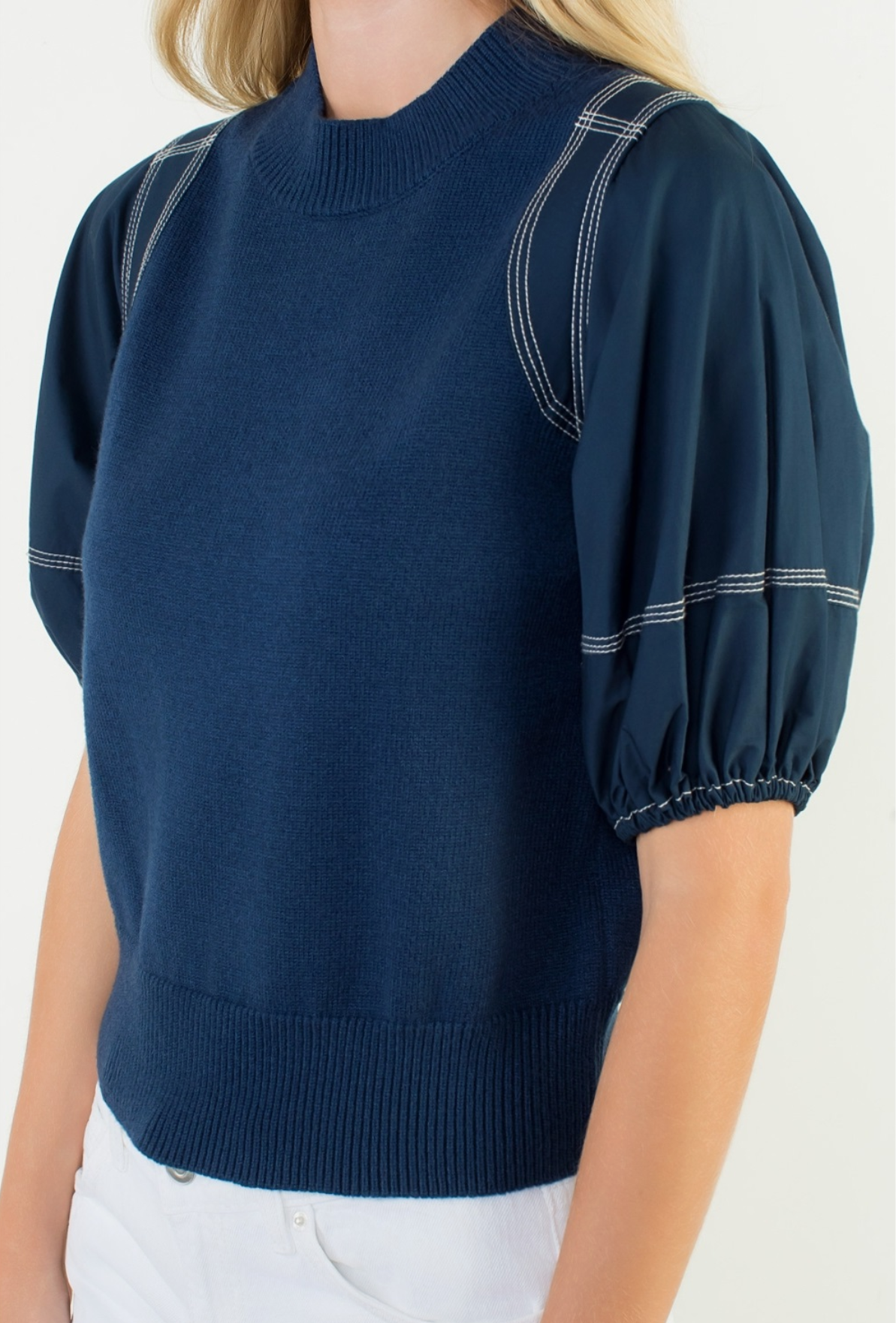 Poplin Puff Sleeve Knit Top by THML