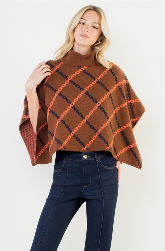 Mock Neck Chain Print Jacquard Poncho by THML
