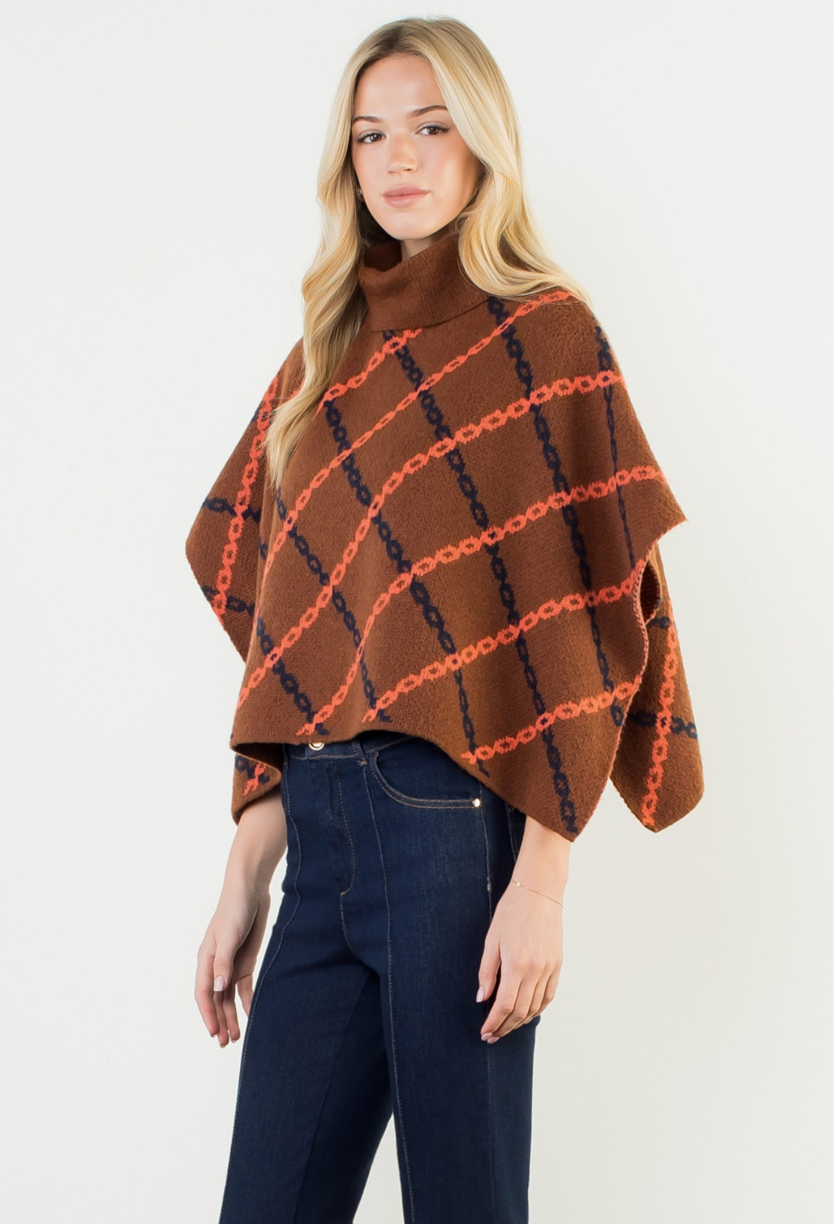 Mock Neck Chain Print Jacquard Poncho by THML