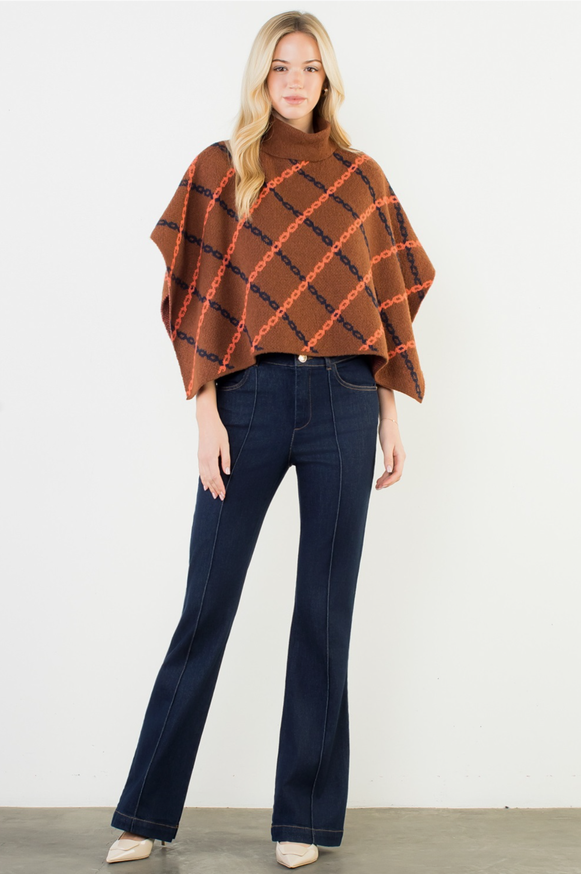 Mock Neck Chain Print Jacquard Poncho by THML