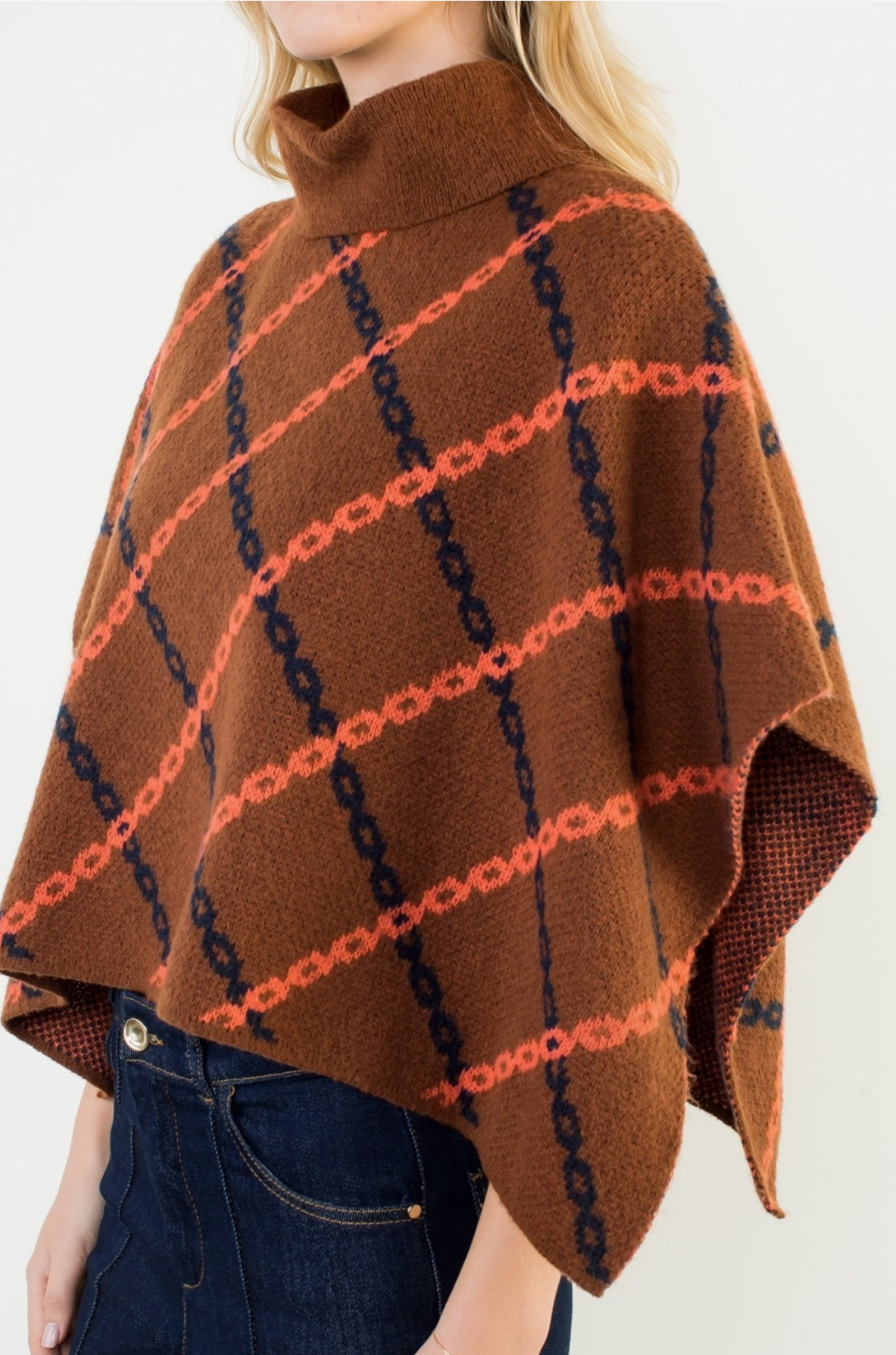 Mock Neck Chain Print Jacquard Poncho by THML
