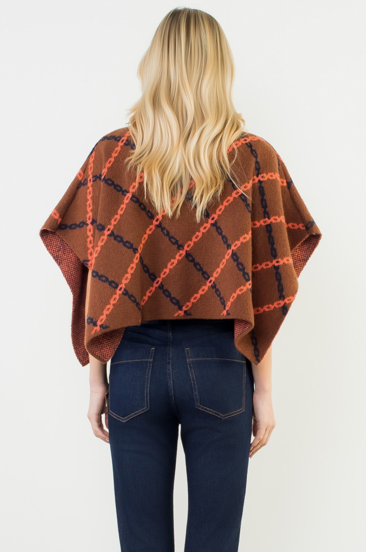 Mock Neck Chain Print Jacquard Poncho by THML