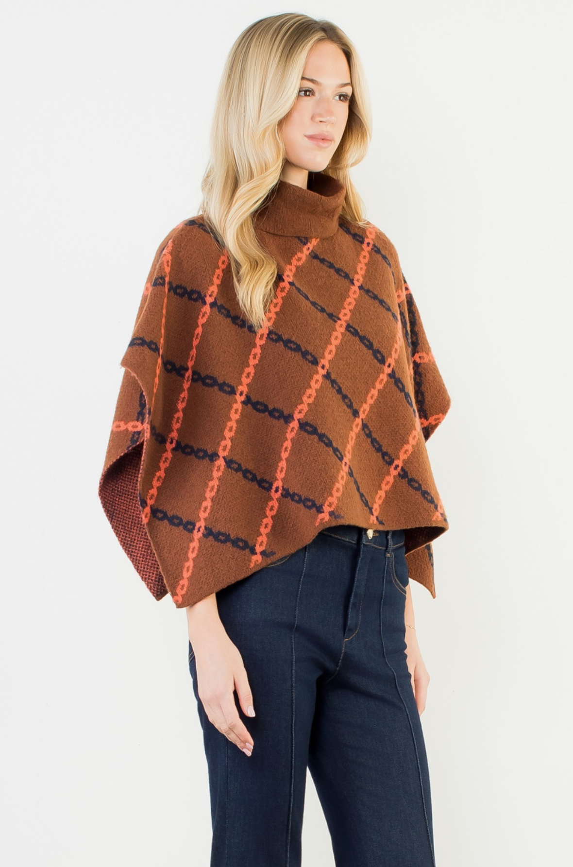Mock Neck Chain Print Jacquard Poncho by THML