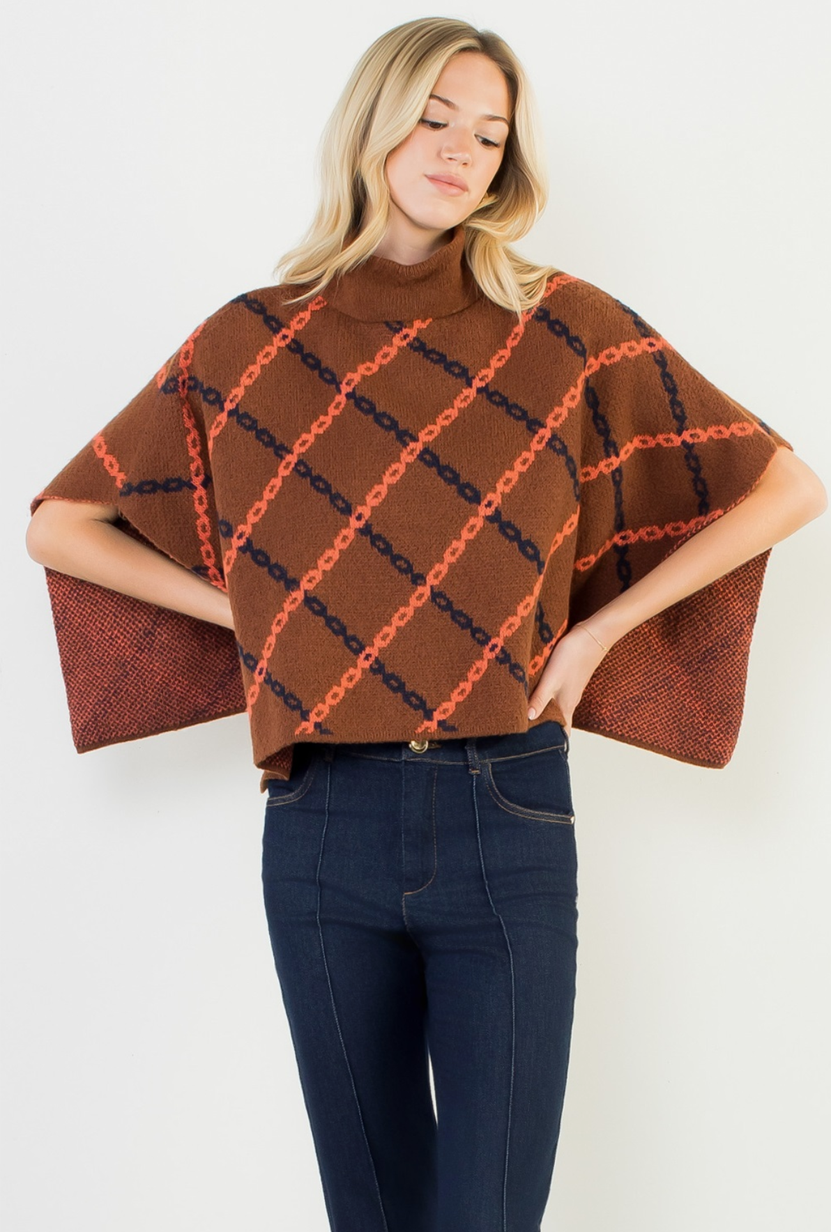 Mock Neck Chain Print Jacquard Poncho by THML