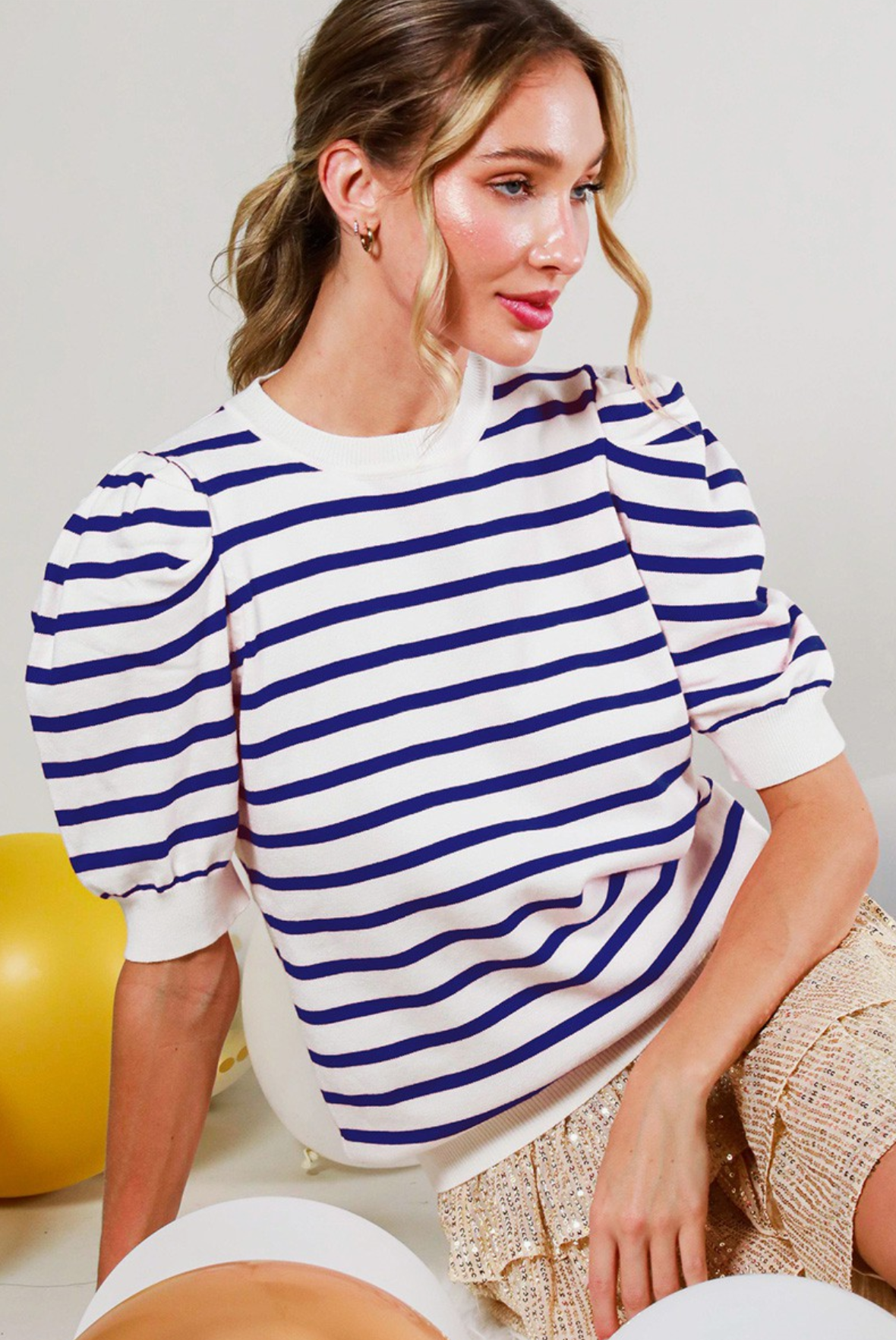 Ladies Striped Short Sleeve Sweater